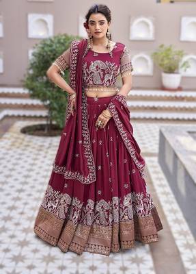 maroon vichitra silk lehenga with sequins work 1