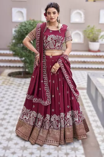 maroon vichitra silk lehenga with sequins work