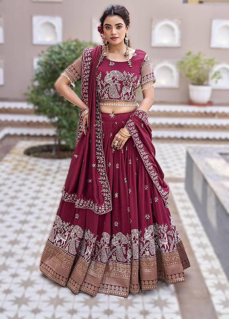 maroon vichitra silk lehenga with sequins work
