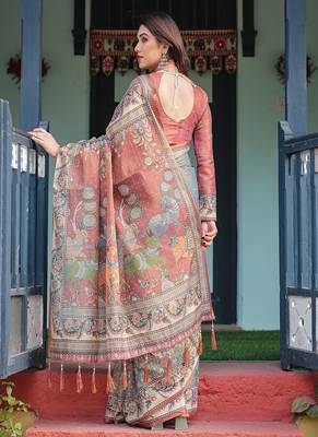 Smoky grey handloom cotton-linen saree with vibrant folk motifs and floral pallu 3