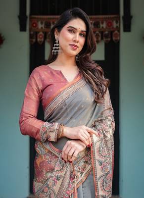 Smoky grey handloom cotton-linen saree with vibrant folk motifs and floral pallu 1