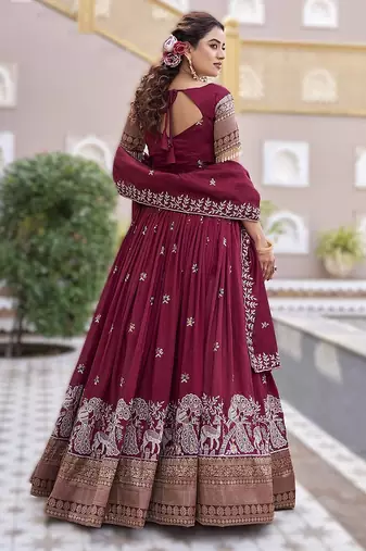 maroon vichitra silk lehenga with sequins work
