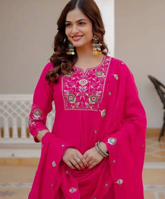 Pink embroidered viscose mango silk kurta set with dupatta 3