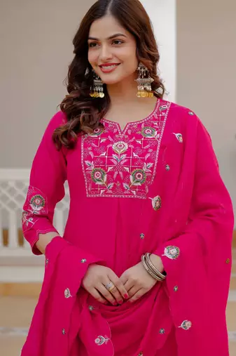 Pink embroidered viscose mango silk kurta set with dupatta