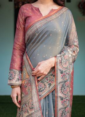 Smoky grey handloom cotton-linen saree with vibrant folk motifs and floral pallu 4
