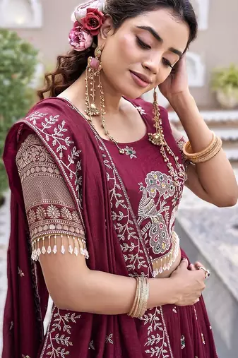 maroon vichitra silk lehenga with sequins work