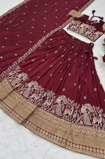 maroon vichitra silk lehenga with sequins work