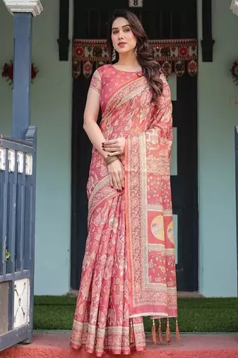 Brick red handloom cotton-linen saree with mythological motifs and floral border