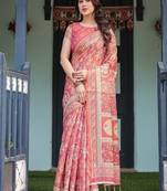 Brick red handloom cotton-linen saree with mythological motifs and floral border