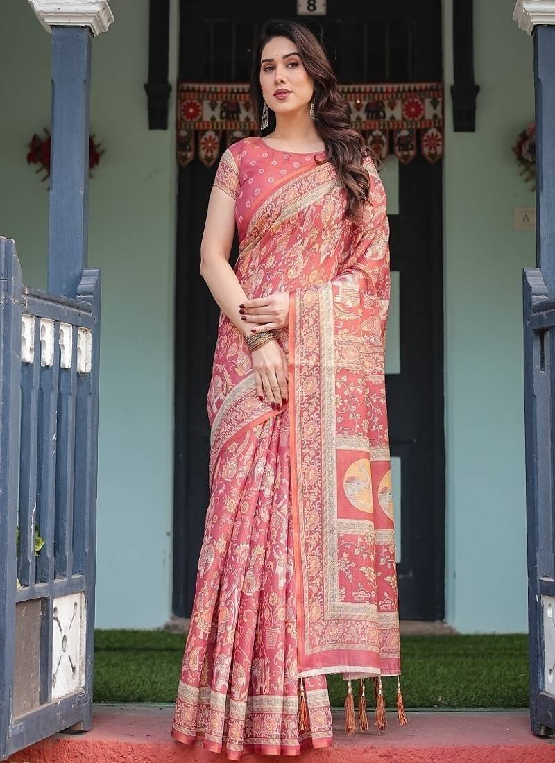 Brick red handloom cotton-linen saree with mythological motifs and floral border