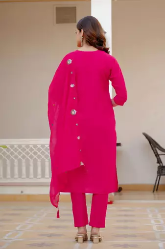 Pink embroidered viscose mango silk kurta set with dupatta