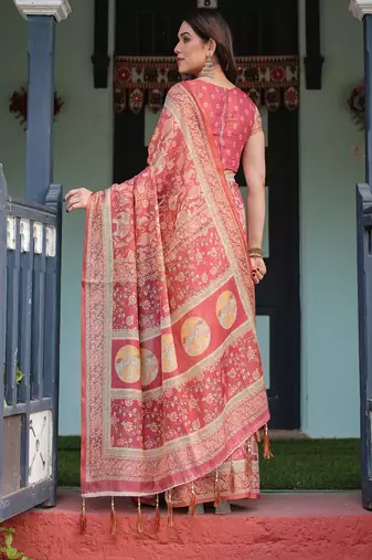 Brick red handloom cotton-linen saree with mythological motifs and floral border