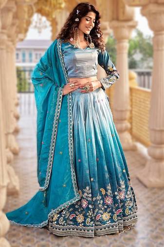 sky blue gold crush lehenga with heavy embroidery