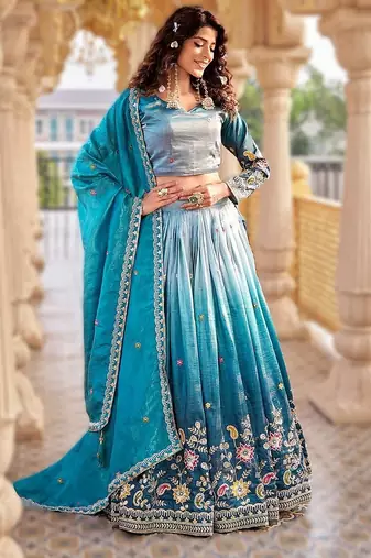 sky blue gold crush lehenga with heavy embroidery