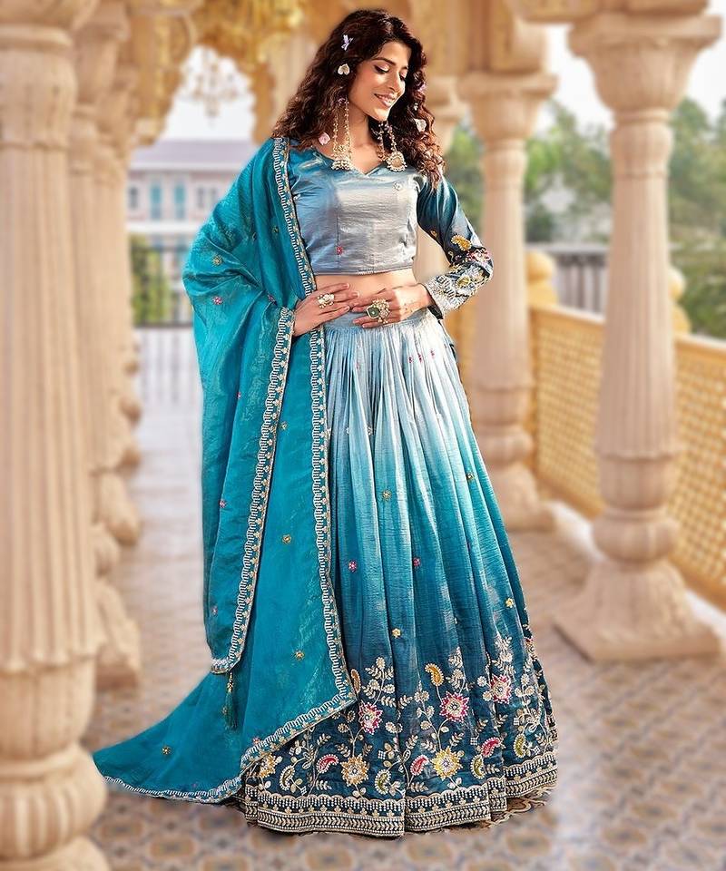 sky blue gold crush lehenga with heavy embroidery