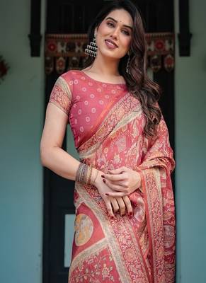 Brick red handloom cotton-linen saree with mythological motifs and floral border 3