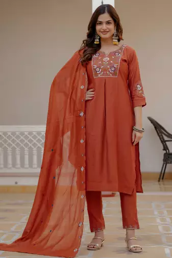 Rust embroidered viscose mango silk kurta set with dupatta