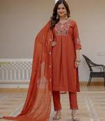 Rust embroidered viscose mango silk kurta set with dupatta