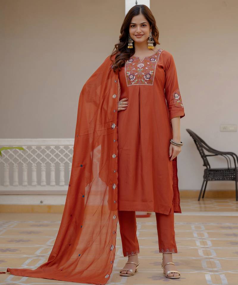 Rust embroidered viscose mango silk kurta set with dupatta