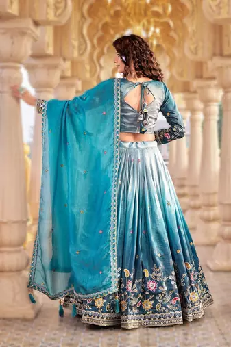 sky blue gold crush lehenga with heavy embroidery
