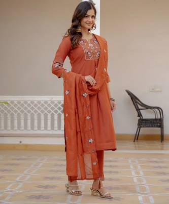 Rust embroidered viscose mango silk kurta set with dupatta 2