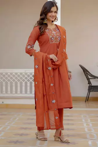 Rust embroidered viscose mango silk kurta set with dupatta