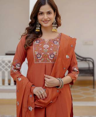 Rust embroidered viscose mango silk kurta set with dupatta 3