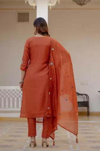 Rust embroidered viscose mango silk kurta set with dupatta