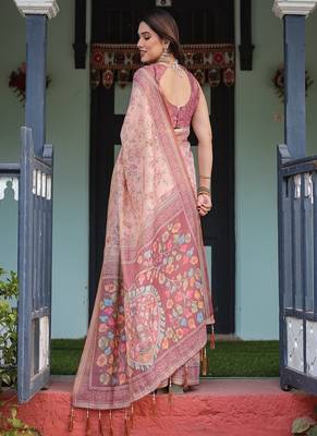 Dusty pink handloom cotton-linen saree with floral motifs and artistic pallu 3