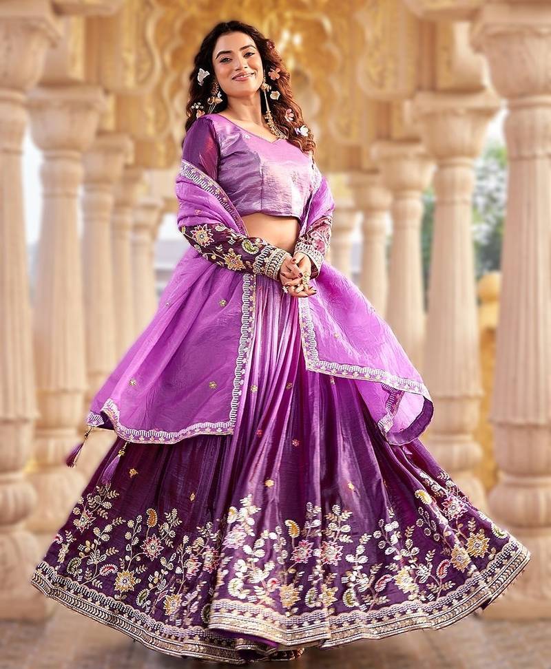 lavender gold crush lehenga with heavy embroidery