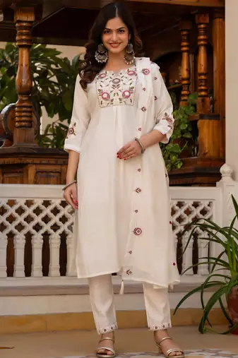 White embroidered viscose mango silk kurta set with dupatta