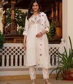 White embroidered viscose mango silk kurta set with dupatta