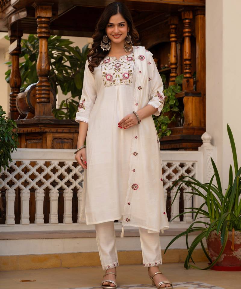 White embroidered viscose mango silk kurta set with dupatta