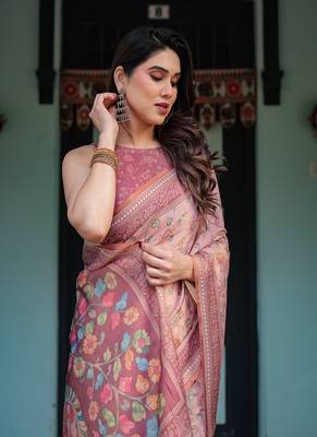 Dusty pink handloom cotton-linen saree with floral motifs and artistic pallu 1