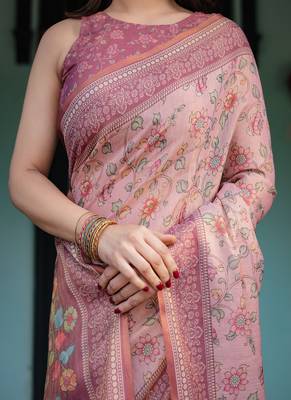 Dusty pink handloom cotton-linen saree with floral motifs and artistic pallu 4
