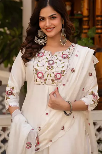 White embroidered viscose mango silk kurta set with dupatta