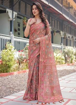 Copper brown handloom cotton-linen saree with floral motifs and vibrant pink accents 2