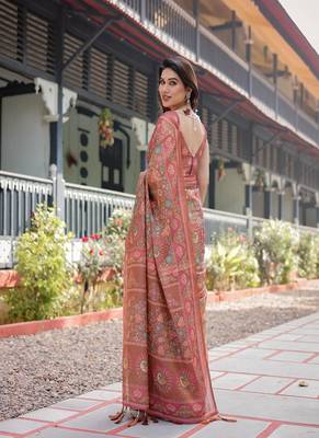Copper brown handloom cotton-linen saree with floral motifs and vibrant pink accents 3