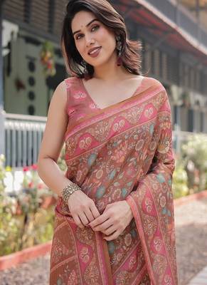 Copper brown handloom cotton-linen saree with floral motifs and vibrant pink accents 1