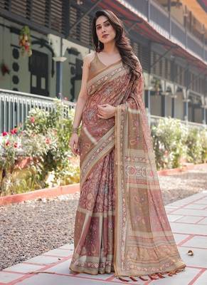Rust and gold handloom cotton-linen saree with floral motifs and rich zari border 2