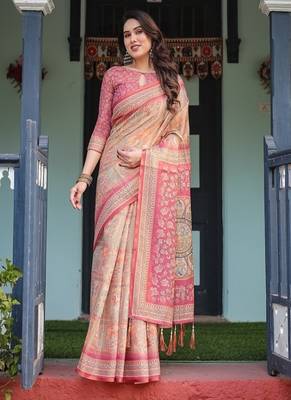 Rose pink handloom cotton-linen saree with mythological motifs and floral pallu 2