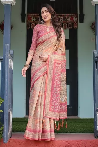 Rose pink handloom cotton-linen saree with mythological motifs and floral pallu