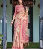 Rose pink handloom cotton-linen saree with mythological motifs and floral pallu
