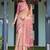 Rose pink handloom cotton-linen saree with mythological motifs and floral pallu