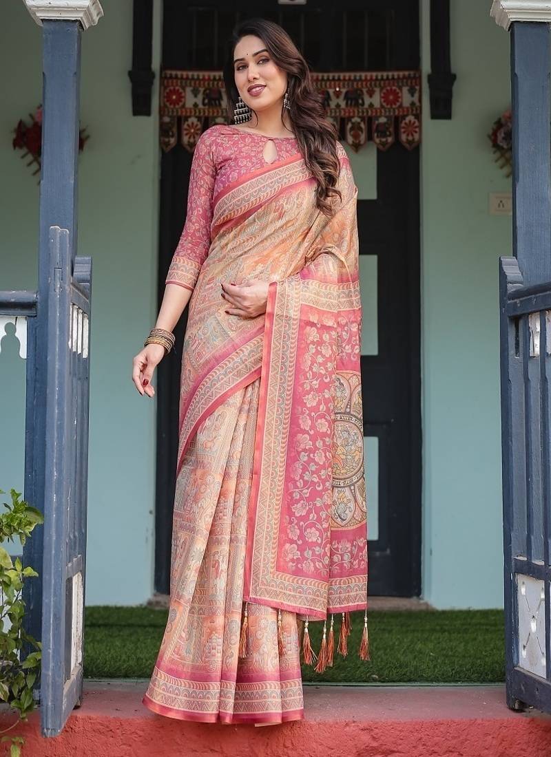Rose pink handloom cotton-linen saree with mythological motifs and floral pallu
