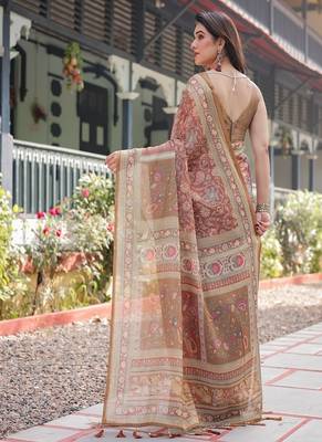 Rust and gold handloom cotton-linen saree with floral motifs and rich zari border 3
