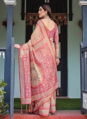 Rose pink handloom cotton-linen saree with mythological motifs and floral pallu 3
