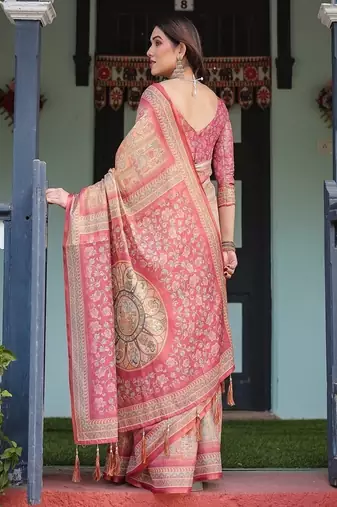 Rose pink handloom cotton-linen saree with mythological motifs and floral pallu
