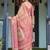 Rose pink handloom cotton-linen saree with mythological motifs and floral pallu