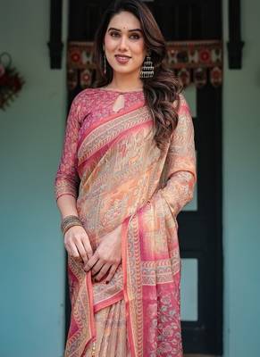 Rose pink handloom cotton-linen saree with mythological motifs and floral pallu 1